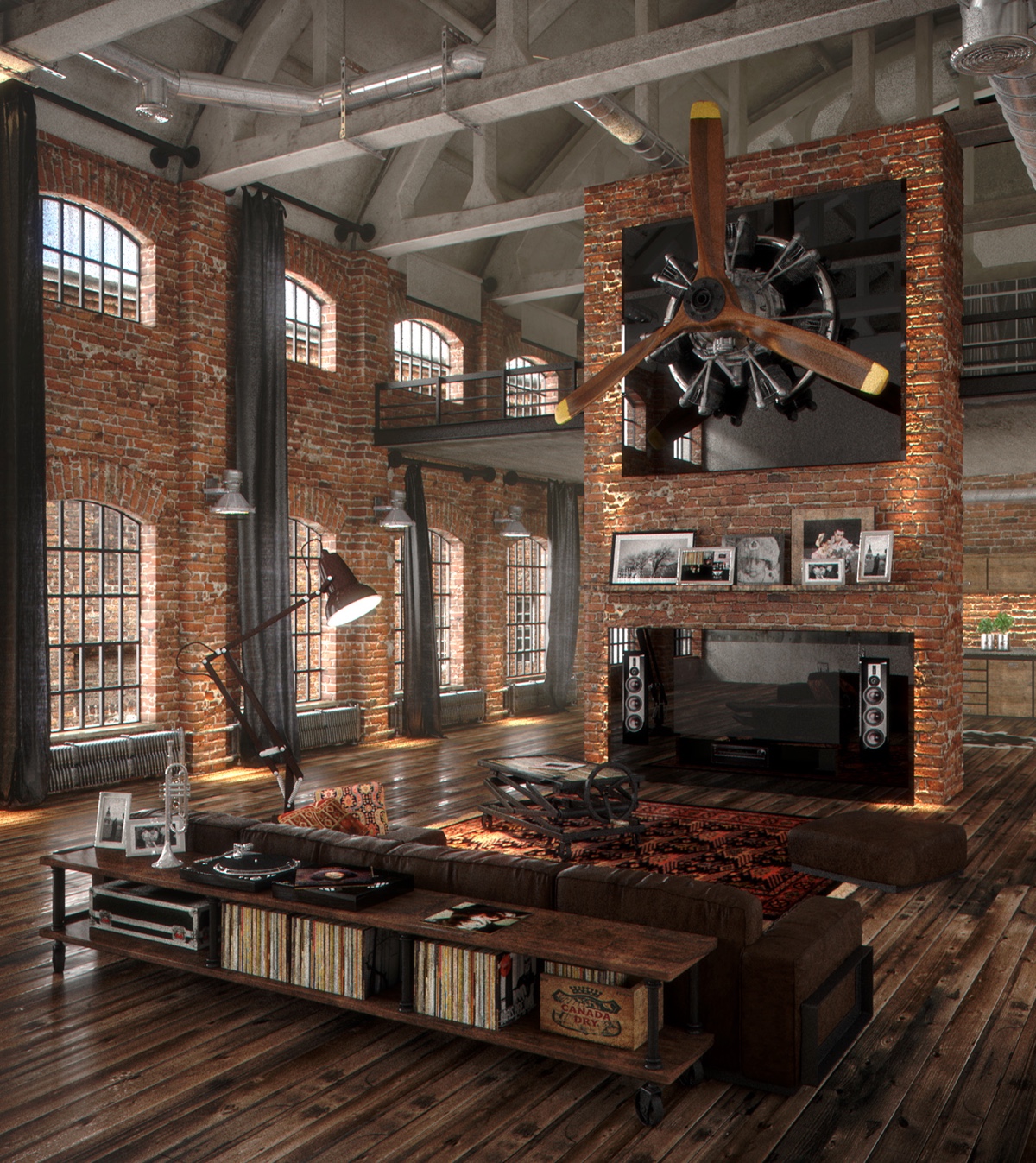 An Airplane Propeller Is The Focal Highlight In This Loft 