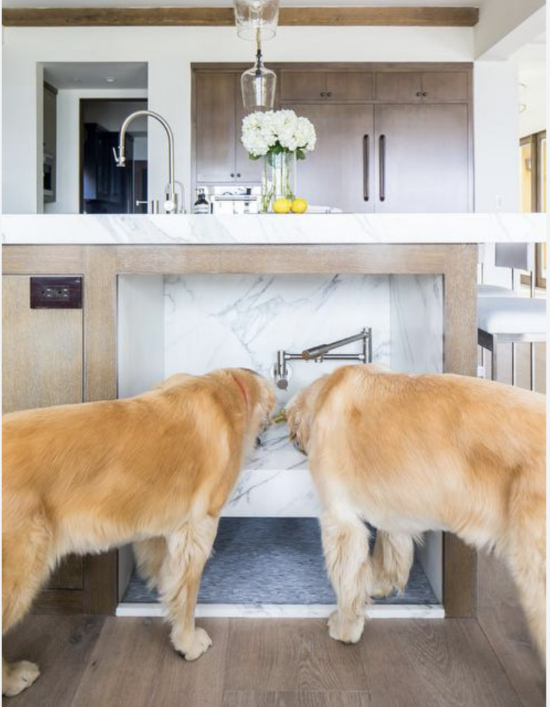 A raised dog feeding station in a design clients kitchen that incorporated areas for her pets 