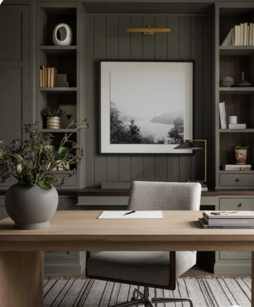Shiplap and Built Ins are a painted in Urbane Bronze Green from Sherwin Williams are showing off the color of the month for March 2024 from Sherwin Williams 