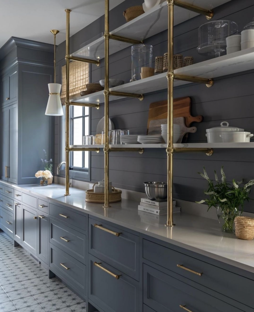 A modern update to the scullery. Brass adds class to the open shelving and I love a window. Sutton Place Design and Build loves a beautiful pantry or scullery 