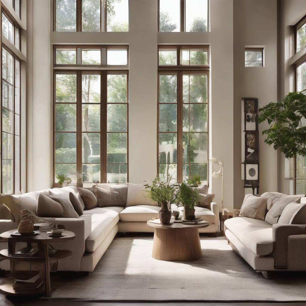 interior designer and custom home builder A modern living room with a beige sofa, wooden coffee table, and large windows