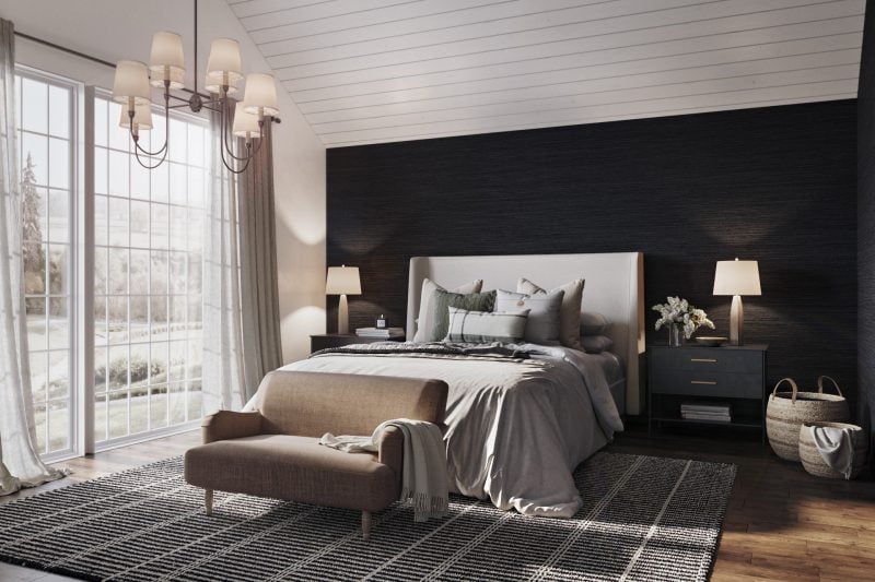 A black master bedroom is calming and moody while creating a serene space to get away from it all. 