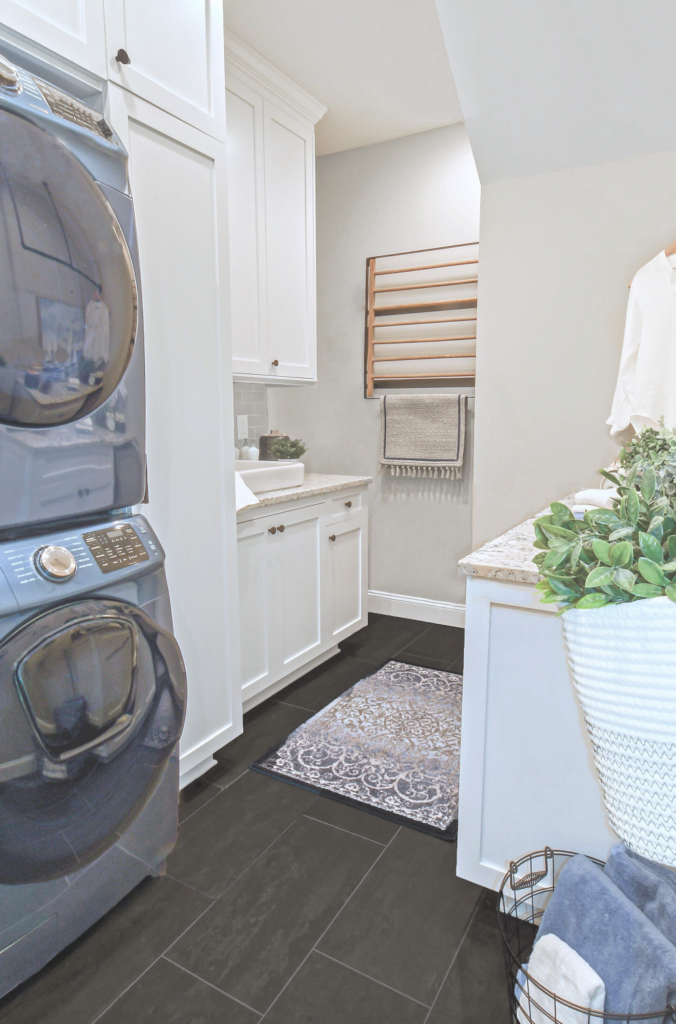A stacked washer and dryer add a lot of floor space in a laundry room