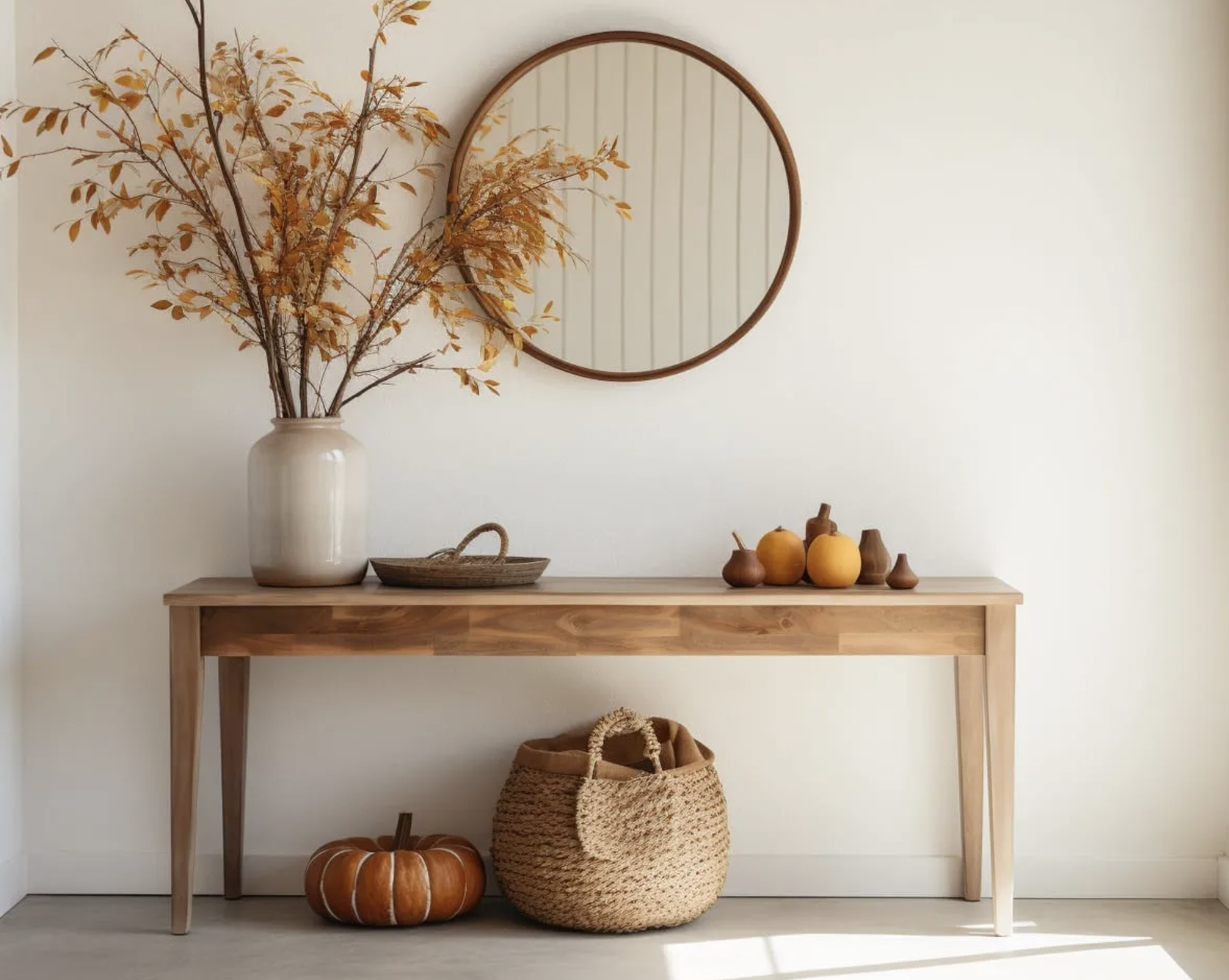 "An entryway decorated with a fall wreath, a 'Hello Pumpkin' doormat, and an arrangement of white and gold pumpkins on the steps."