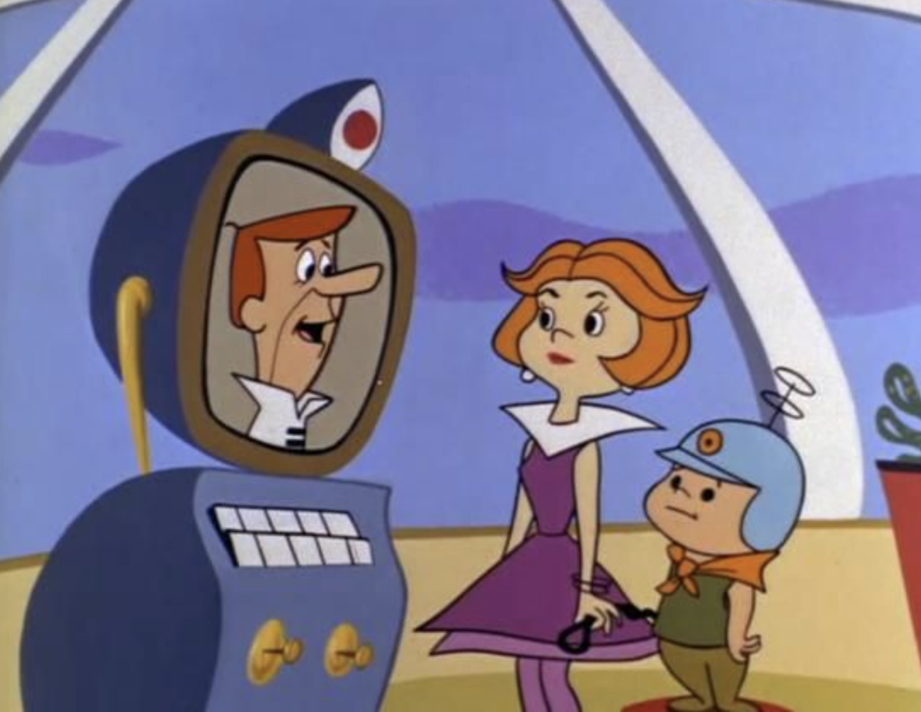 George Jetson enjoying a video call with Jane Jetson using technology. The Jetsons Predicted Modern Life.